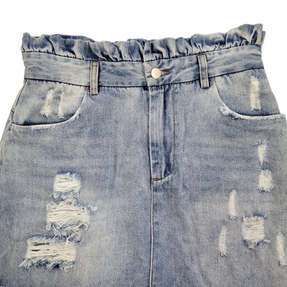 Hayden Denim Jean Skirt NEW Paperbag Ruffle Waist Sz M Distressed Pockets Light - Picture 7 of 12